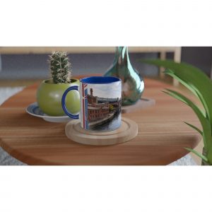 Manchester Aquarell Tasse 330 ml aus der Serie English City Portraits mit Kanal, Backsteinfassaden, Brücke und historischer Industriearchitektur