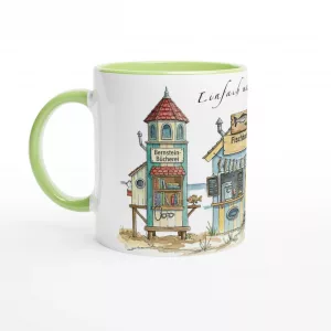 Meerzeit Tasse 330 ml mit maritimen Strandbuden im Aquarellstil, erhältlich in Weiß sowie mit gelber, rosa oder grüner Innenfläche und Henkel