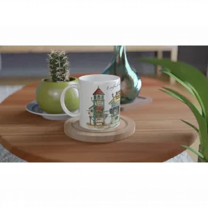 Meerzeit Tasse 330 ml mit maritimen Strandbuden im Aquarellstil, erhältlich in Weiß sowie mit gelber, rosa oder grüner Innenfläche und Henkel