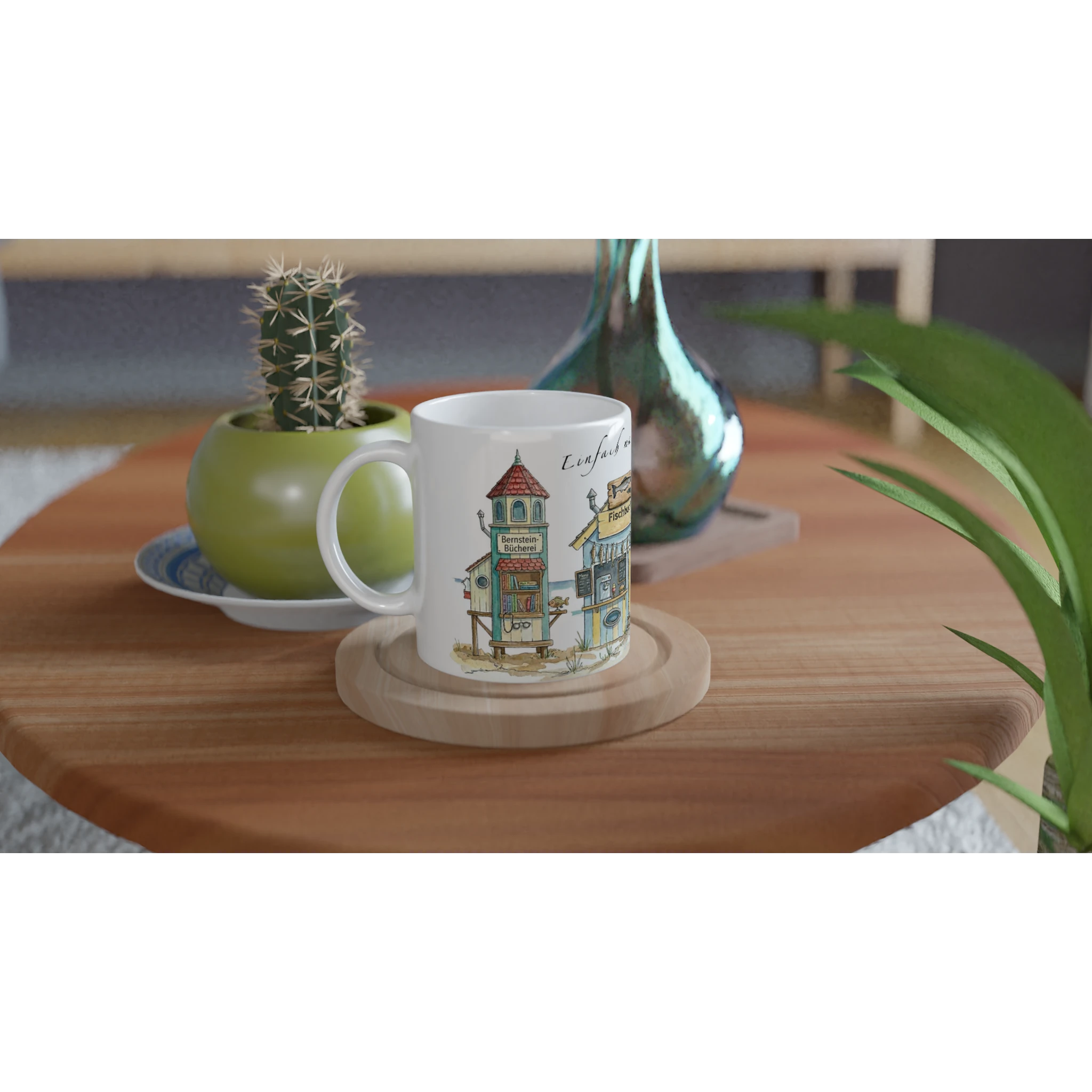 Meerzeit Tasse 330 ml mit maritimen Strandbuden im Aquarellstil, erhältlich in Weiß sowie mit gelber, rosa oder grüner Innenfläche und Henkel Meerzeit Tasse 330 ml mit maritimen Strandbuden im Aquarellstil, erhältlich in Weiß sowie mit gelber, rosa oder grüner Innenfläche und Henkel