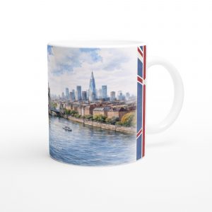 London Aquarell Tasse 330 ml mit Tower Bridge, Themse und Skyline im ruhigen urbanen Aquarellstil, erhältlich in Weiß, Blue Edition oder Red Edition