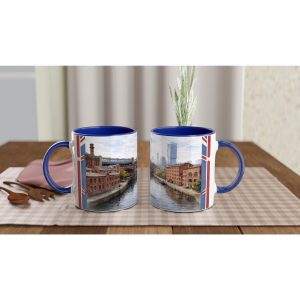 Manchester Aquarell Tasse 330 ml aus der Serie English City Portraits mit Kanal, Backsteinfassaden, Brücke und historischer Industriearchitektur