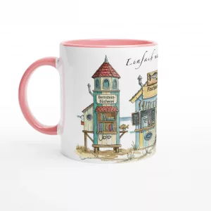 Meerzeit Tasse 330 ml mit maritimen Strandbuden im Aquarellstil, erhältlich in Weiß sowie mit gelber, rosa oder grüner Innenfläche und Henkel