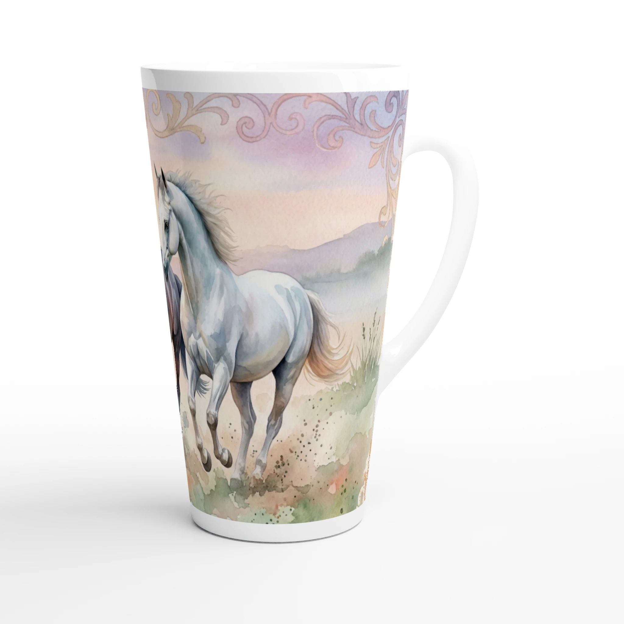 Pferde Latte Tasse 440 ml mit zwei anmutigen Pferden im zarten Aquarellstil vor pastelliger Landschaft Pferde Latte Tasse 440 ml mit zwei anmutigen Pferden im zarten Aquarellstil vor pastelliger Landschaft