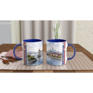 London Aquarell Tasse 330 ml mit Tower Bridge, Themse und Skyline im ruhigen urbanen Aquarellstil, erhältlich in Weiß, Blue Edition oder Red Edition