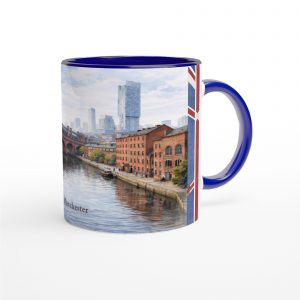 Manchester Aquarell Tasse 330 ml aus der Serie English City Portraits mit Kanal, Backsteinfassaden, Brücke und historischer Industriearchitektur