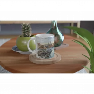 Marseille Tasse 330 ml mit Hafen, Booten, Altstadthäusern und mediterranem Stadtpanorama im Aquarellstil