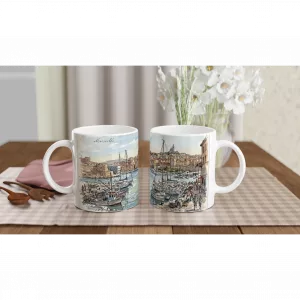 Marseille Tasse 330 ml mit Hafen, Booten, Altstadthäusern und mediterranem Stadtpanorama im Aquarellstil