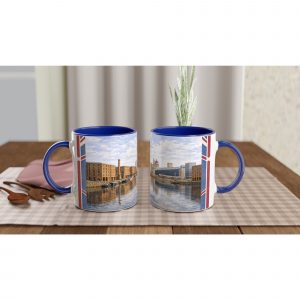 Liverpool Aquarell Tasse 330 ml aus der Serie English City Portraits mit Waterfront, Albert Dock, Skyline und dezenten England-Flaggenelementen