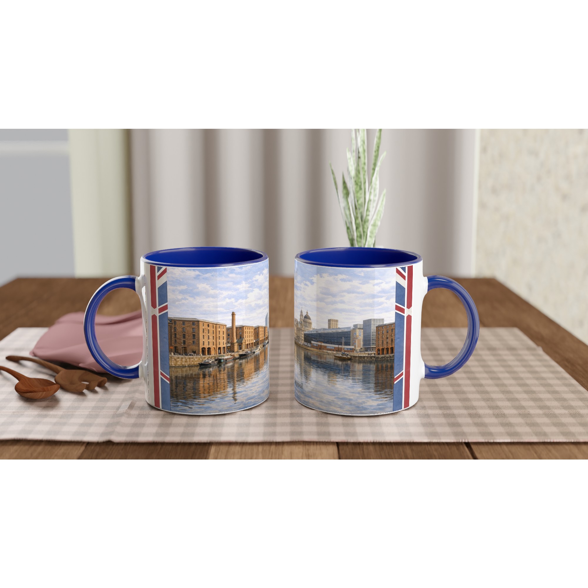 Liverpool Aquarell Tasse 330 ml aus der Serie English City Portraits mit Waterfront, Albert Dock, Skyline und dezenten England-Flaggenelementen Liverpool Aquarell Tasse 330 ml aus der Serie English City Portraits mit Waterfront, Albert Dock, Skyline und dezenten England-Flaggenelementen