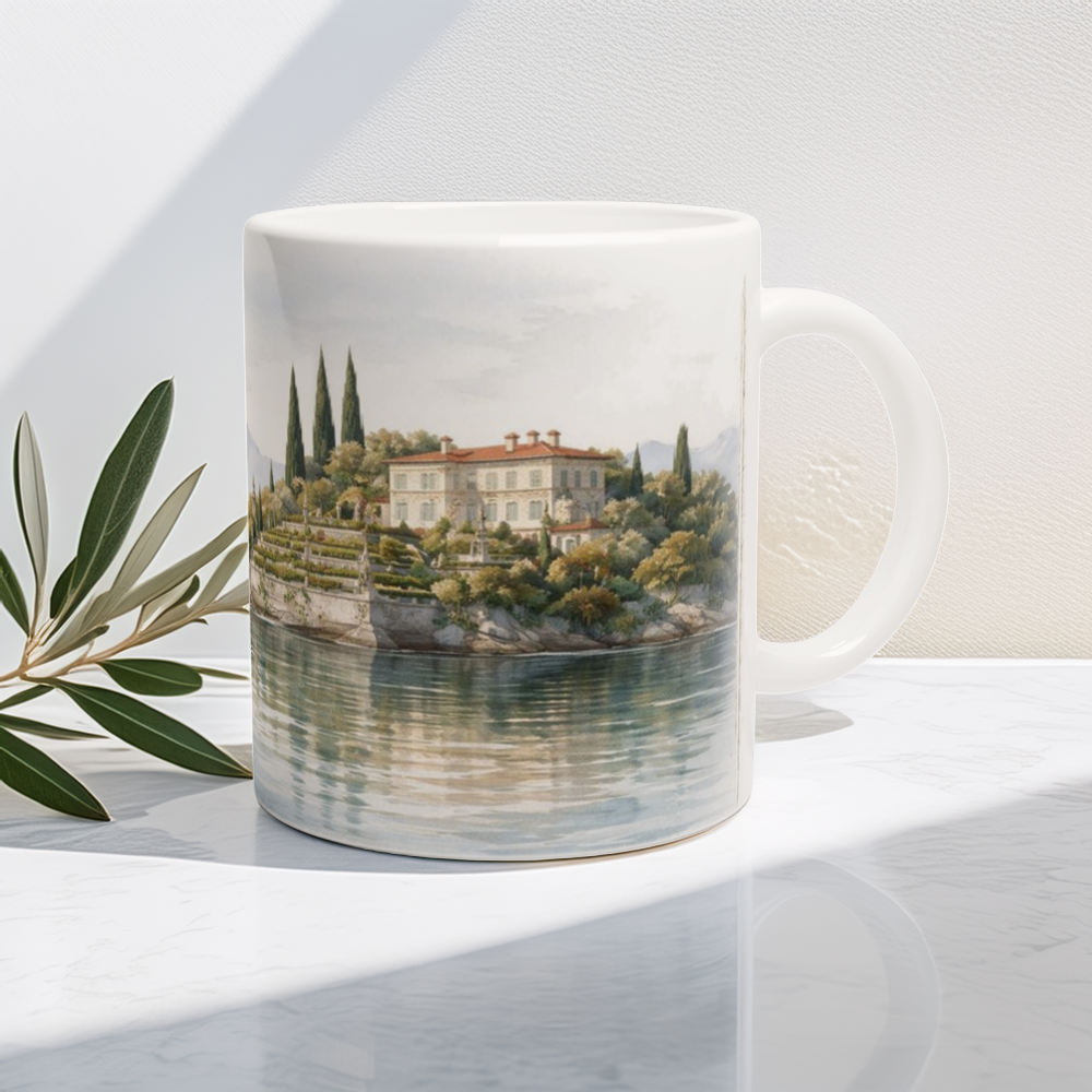 Lago Maggiore Tasse 330ml mit italienischer Villa, Zypressen und ruhiger Seelandschaft als Rundumgrafik Lago Maggiore Tasse 330ml mit italienischer Villa, Zypressen und ruhiger Seelandschaft als Rundumgrafik
