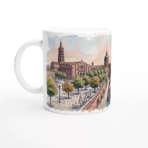 Toulouse Tasse 330 ml aus weißer Keramik mit Aquarellmotiv von Pont Neuf, Garonne, Altstadt und Backsteinarchitektur in warmen Pastelltönen