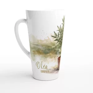 Olivenbaum Latte Tasse 440 ml mit feinen Olivenzweigen und Terrakottatopf im botanischen Aquarellstil