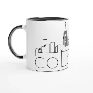 Skyline Köln Tasse 330 ml aus Keramik in Weiß mit schwarzem Innenbereich und schwarzem Henkel, minimalistisches Line-Art-Motiv mit Kölner Dom und Stadtsilhouette