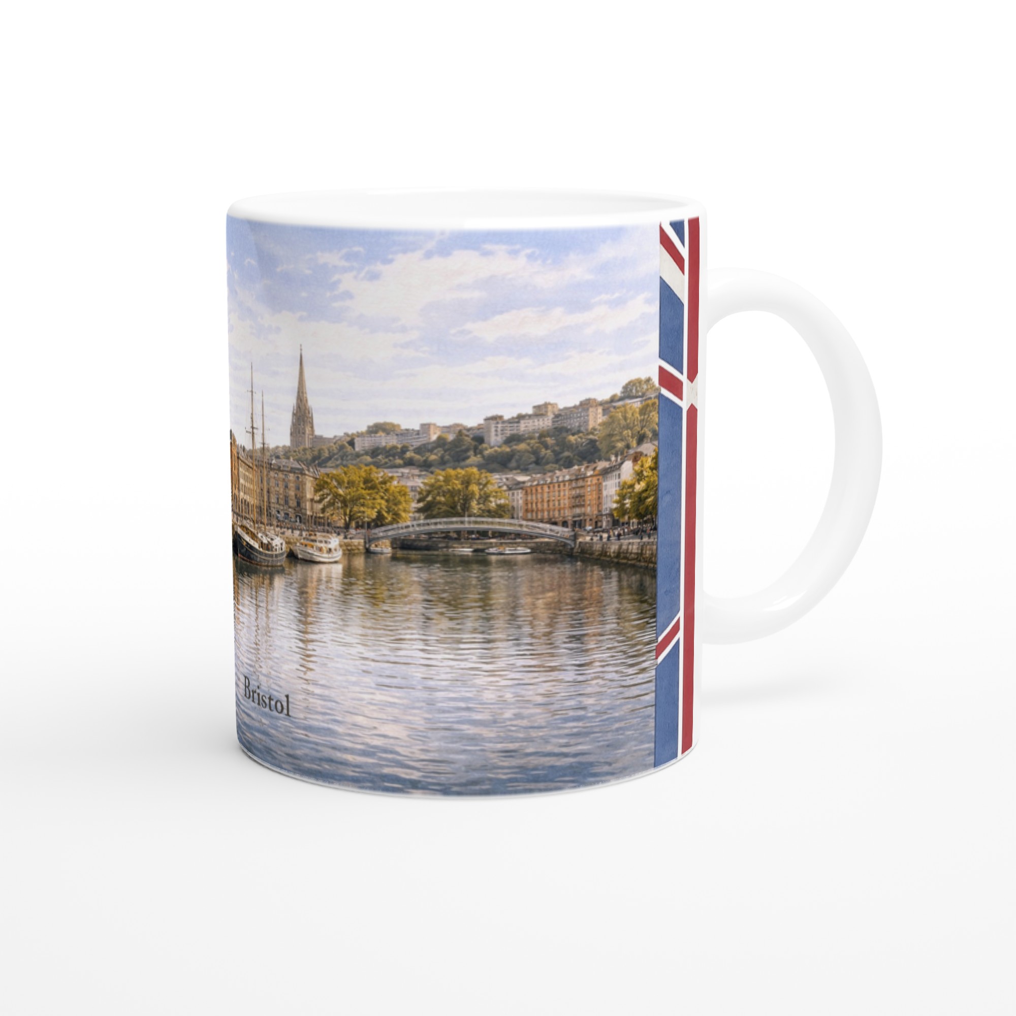 Bristol Aquarell Tasse 330 ml aus der Serie English City Portraits mit Harbourside, Booten, Backsteinarchitektur, Wasser und dezenten England-Flaggenelementen Bristol Aquarell Tasse 330 ml aus der Serie English City Portraits mit Harbourside, Booten, Backsteinarchitektur, Wasser und dezenten England-Flaggenelementen