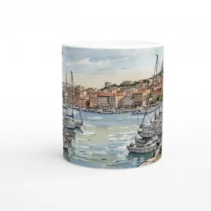 Marseille Tasse 330 ml mit Hafen, Booten, Altstadthäusern und mediterranem Stadtpanorama im Aquarellstil