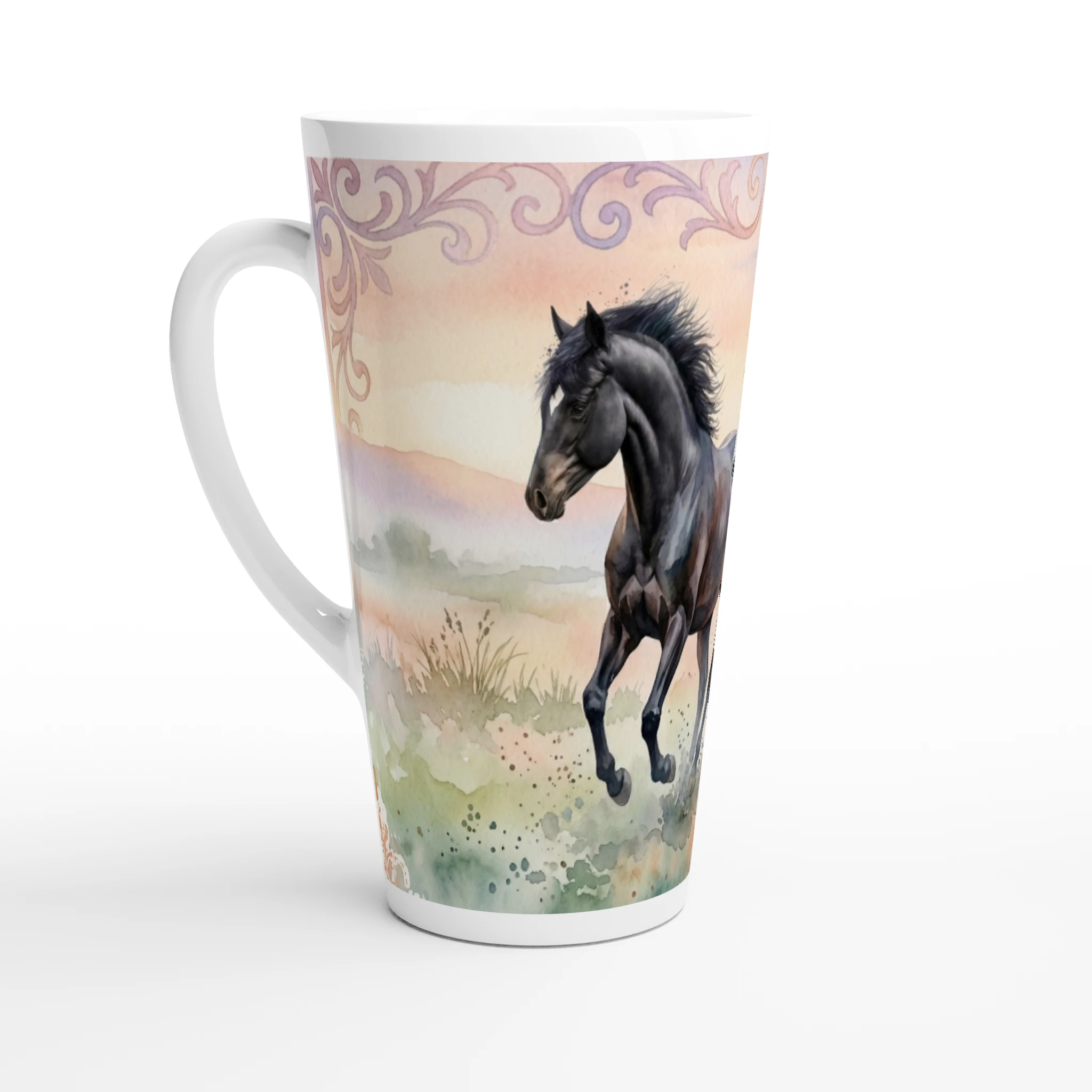 Pferde Latte Tasse 440 ml mit zwei anmutigen Pferden im zarten Aquarellstil vor pastelliger Landschaft Pferde Latte Tasse 440 ml mit zwei anmutigen Pferden im zarten Aquarellstil vor pastelliger Landschaft