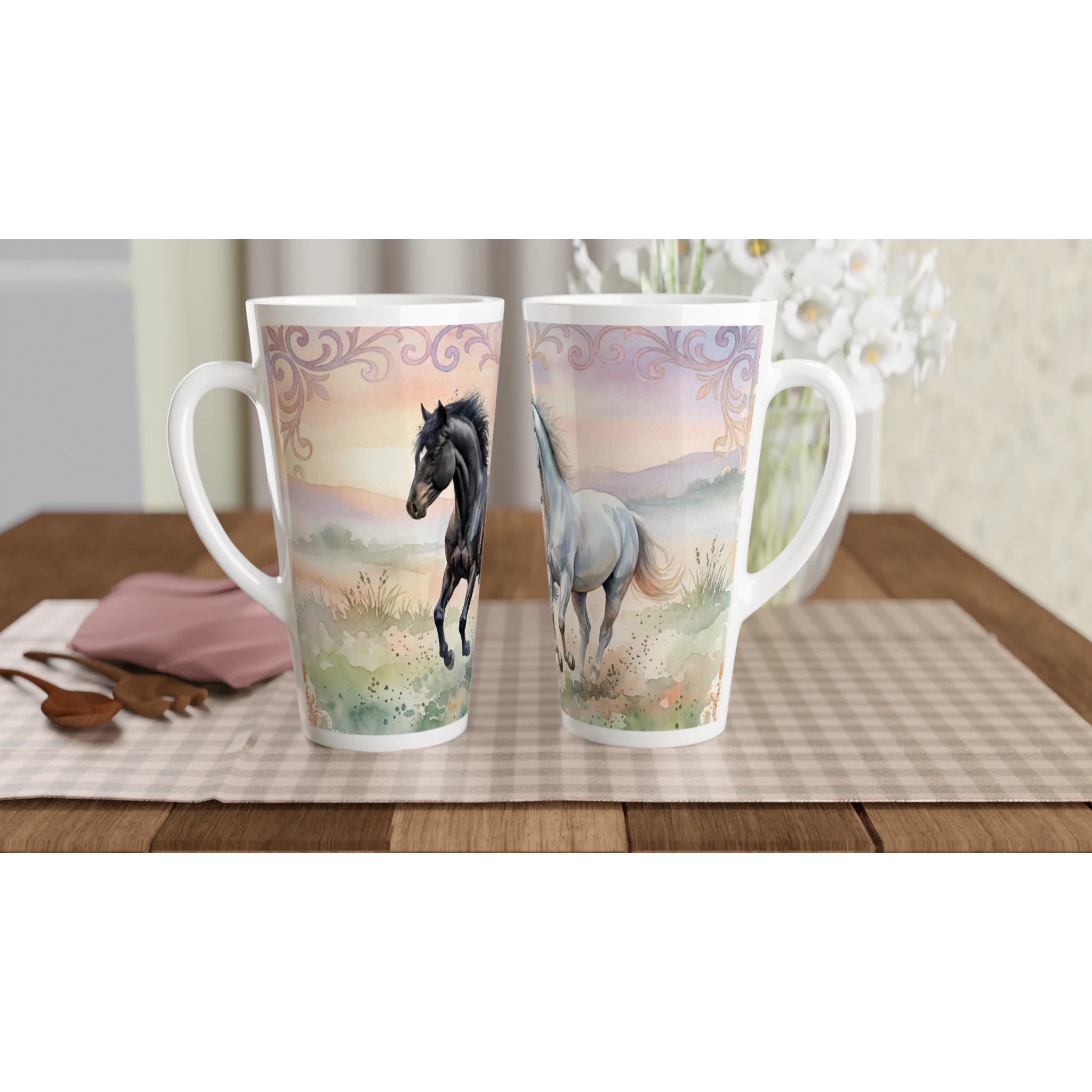 Pferde Latte Tasse 440 ml mit zwei anmutigen Pferden im zarten Aquarellstil vor pastelliger Landschaft Pferde Latte Tasse 440 ml mit zwei anmutigen Pferden im zarten Aquarellstil vor pastelliger Landschaft