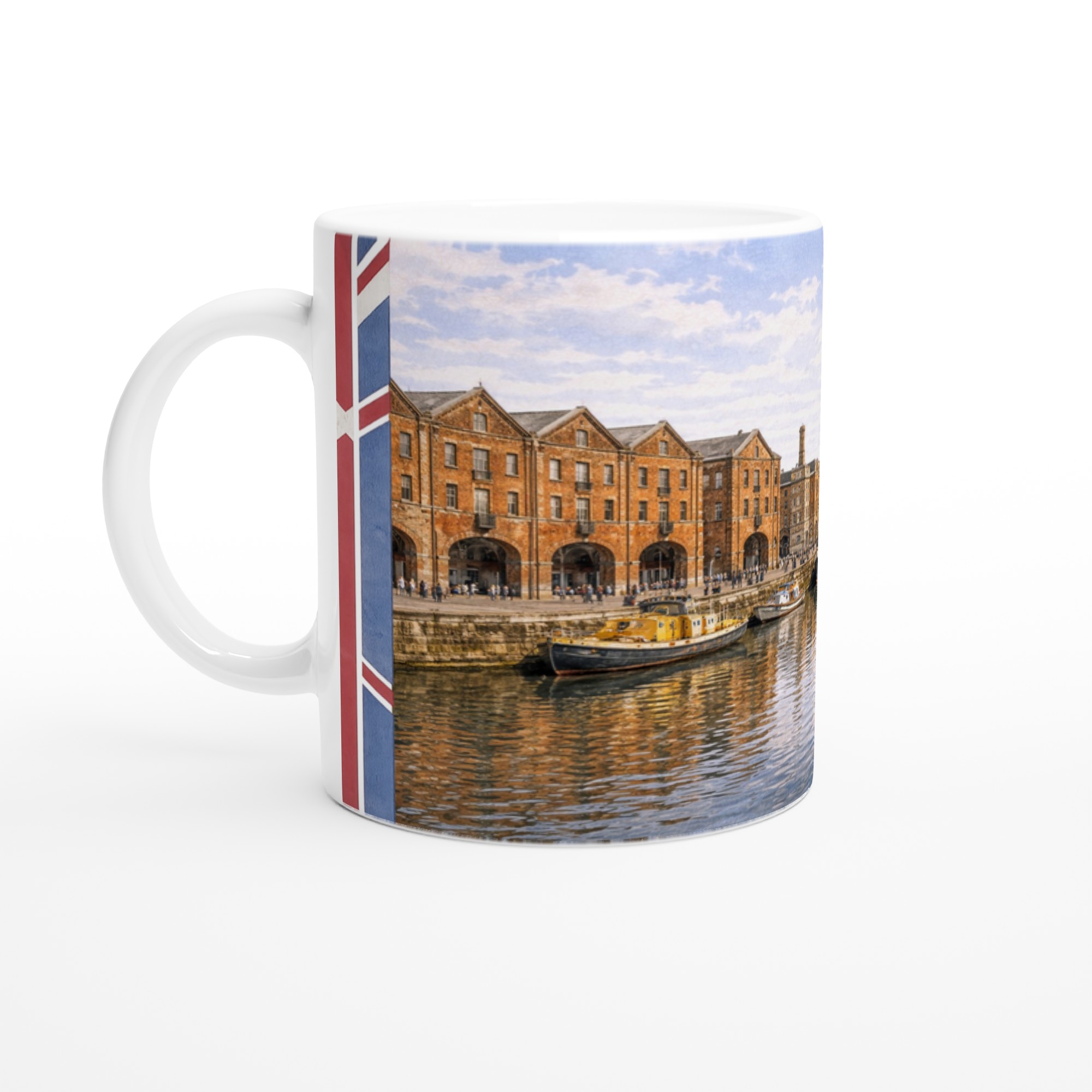 Bristol Aquarell Tasse 330 ml aus der Serie English City Portraits mit Harbourside, Booten, Backsteinarchitektur, Wasser und dezenten England-Flaggenelementen Bristol Aquarell Tasse 330 ml aus der Serie English City Portraits mit Harbourside, Booten, Backsteinarchitektur, Wasser und dezenten England-Flaggenelementen