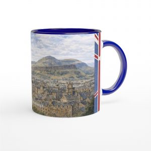 Edinburgh Aquarell Tasse 330 ml aus der Serie British City Portraits mit Castle, Altstadt, Kirchtürmen, Hügeln und dezenten schottischen Flaggenelementen