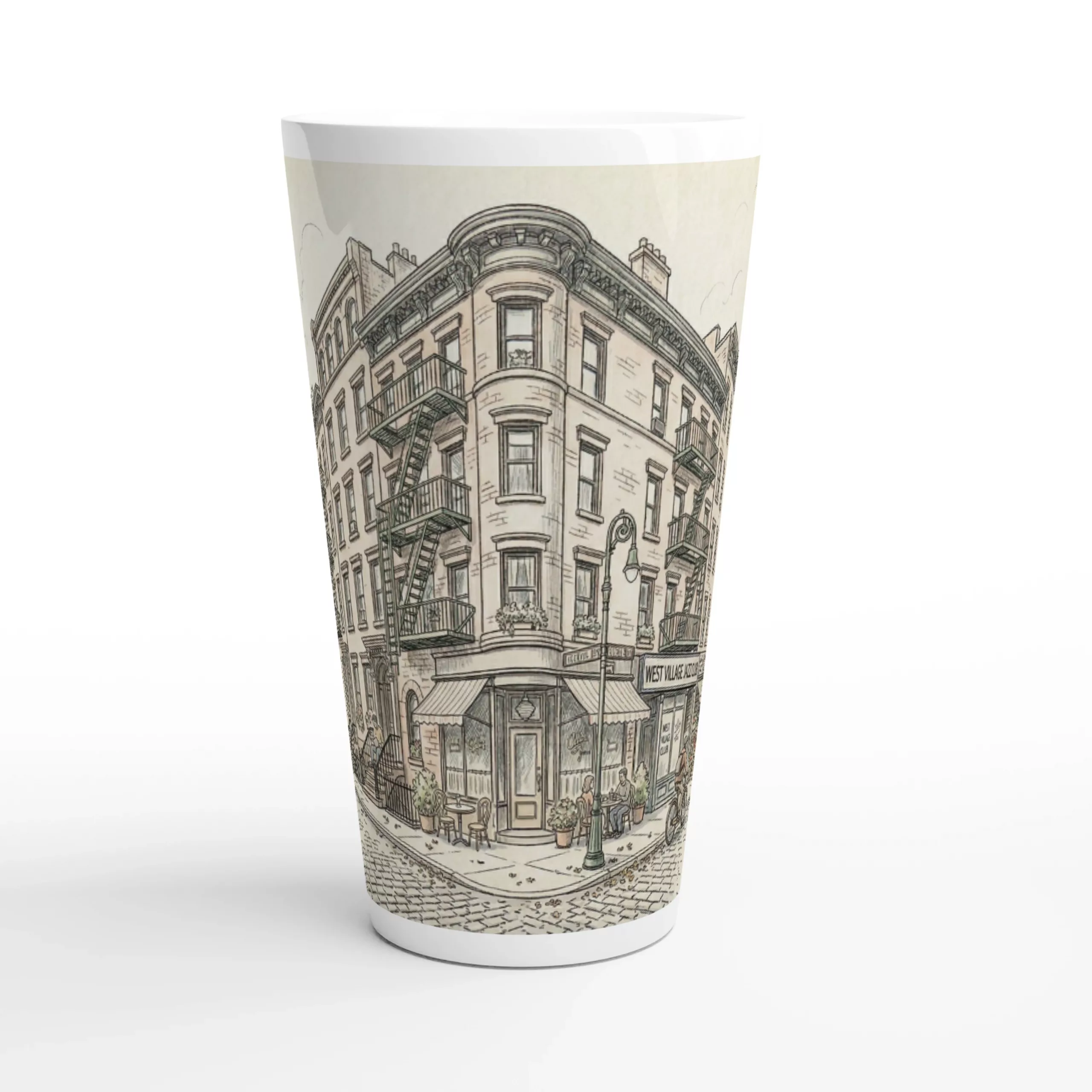 West Village Latte Tasse 440 ml mit gezeichneter New Yorker Straßenszene im ruhigen Aquarellstil West Village Latte Tasse 440 ml mit gezeichneter New Yorker Straßenszene im ruhigen Aquarellstil