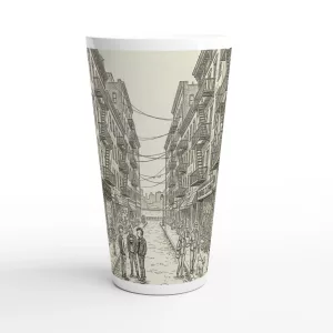 East Village Latte Tasse 440 ml mit gezeichneter New Yorker Straßenszene, Feuerleitern, Record Shop und Urban-Sketch-Optik