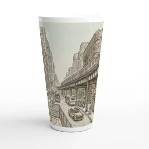 Bronx Latte Tasse 440 ml mit gezeichneter New Yorker Straßenszene, Hochbahn, Bodega und Basketballcourt im urbanen Aquarellstil
