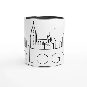 Skyline Köln Tasse 330 ml aus Keramik in Weiß mit schwarzem Innenbereich und schwarzem Henkel, minimalistisches Line-Art-Motiv mit Kölner Dom und Stadtsilhouette
