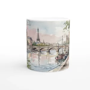 Paris Tasse 330 ml mit Seine, Brücke, Booten und Eiffelturm im feinen Aquarellstil