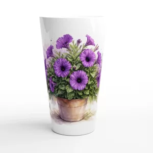 Petunie Latte Tasse 440 ml mit violetten Petunien im Terrakottatopf im botanischen Aquarellstil