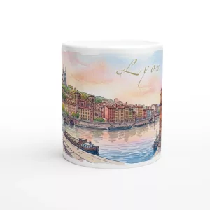 Lyon Tasse 330 ml aus weißer Keramik mit Aquarellmotiv von Saône, Altstadtfassaden, Fourvière und Traboule in warmen Pastelltönen