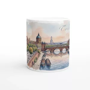 Toulouse Tasse 330 ml aus weißer Keramik mit Aquarellmotiv von Pont Neuf, Garonne, Altstadt und Backsteinarchitektur in warmen Pastelltönen