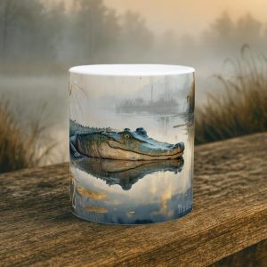 Alligator Tasse 330 ml aus der Serie Swamp Soul mit Alligator im stillen Sumpfwasser, Nebel, Schilf und sanften Spiegelungen