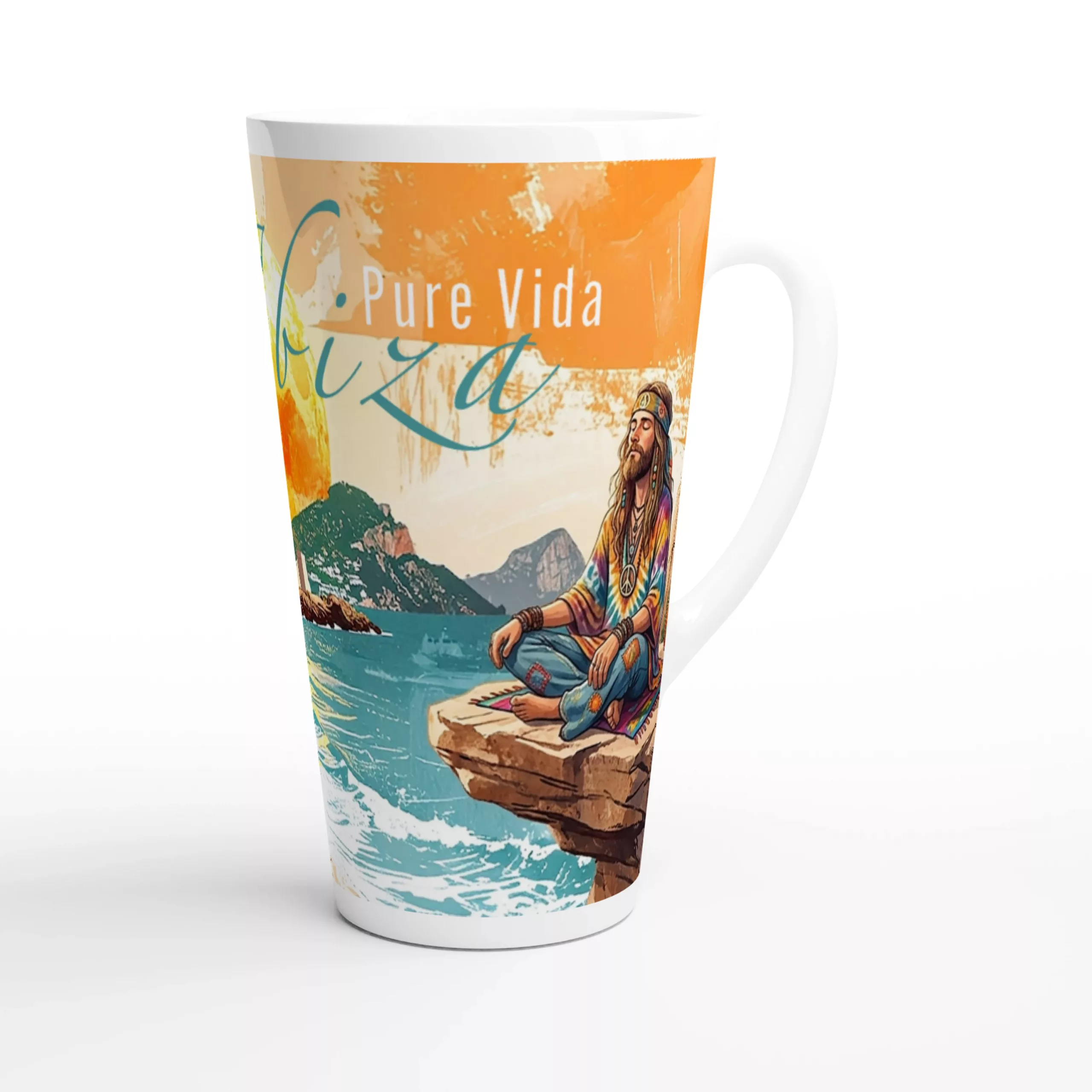 Ibiza Latte Tasse 440 ml mit stilisierter Küstenszene, Leuchtturm, weißer Architektur, türkisfarbenem Meer, großer goldener Sonne und Schriftzug Pure Vida Ibiza Ibiza Latte Tasse 440 ml mit stilisierter Küstenszene, Leuchtturm, weißer Architektur, türkisfarbenem Meer, großer goldener Sonne und Schriftzug Pure Vida Ibiza