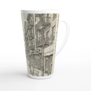 East Village Latte Tasse 440 ml mit gezeichneter New Yorker Straßenszene, Feuerleitern, Record Shop und Urban-Sketch-Optik