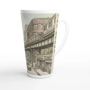 Bronx Latte Tasse 440 ml mit gezeichneter New Yorker Straßenszene, Hochbahn, Bodega und Basketballcourt im urbanen Aquarellstil