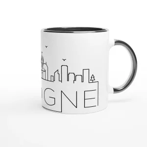 Skyline Köln Tasse 330 ml aus Keramik in Weiß mit schwarzem Innenbereich und schwarzem Henkel, minimalistisches Line-Art-Motiv mit Kölner Dom und Stadtsilhouette