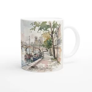 Paris Tasse 330 ml mit Seine, Brücke, Booten und Eiffelturm im feinen Aquarellstil