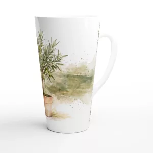 Olivenbaum Latte Tasse 440 ml mit feinen Olivenzweigen und Terrakottatopf im botanischen Aquarellstil