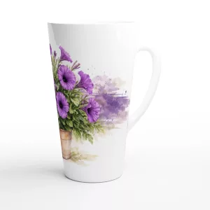 Petunie Latte Tasse 440 ml mit violetten Petunien im Terrakottatopf im botanischen Aquarellstil