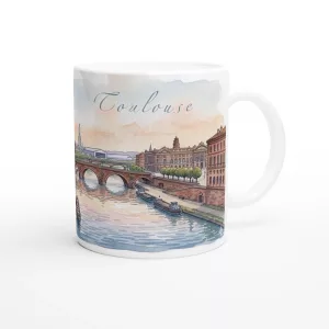 Toulouse Tasse 330 ml aus weißer Keramik mit Aquarellmotiv von Pont Neuf, Garonne, Altstadt und Backsteinarchitektur in warmen Pastelltönen