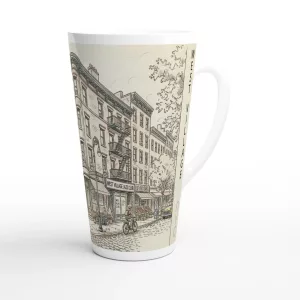 West Village Latte Tasse 440 ml mit gezeichneter New Yorker Straßenszene im ruhigen Aquarellstil