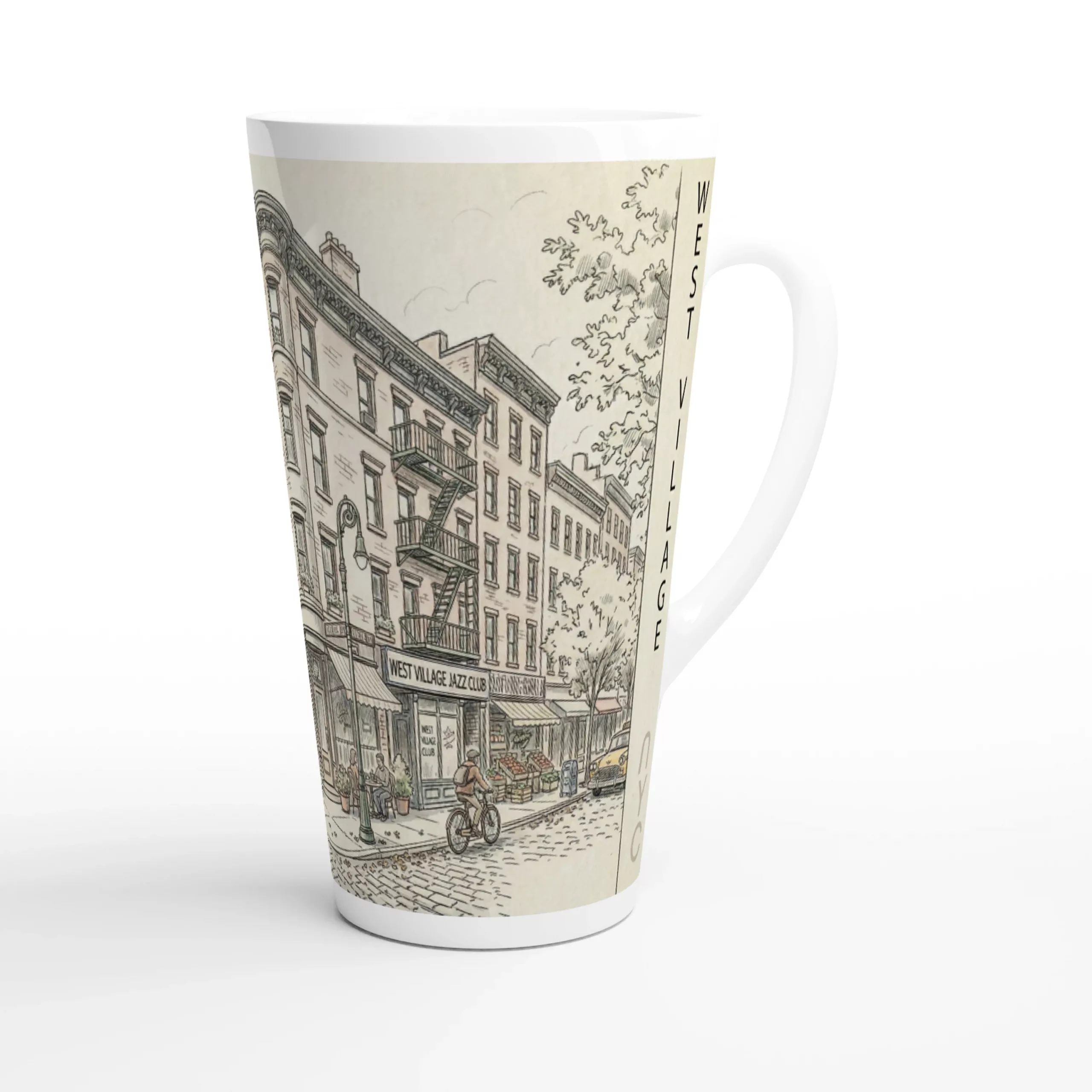 West Village Latte Tasse 440 ml mit gezeichneter New Yorker Straßenszene im ruhigen Aquarellstil West Village Latte Tasse 440 ml mit gezeichneter New Yorker Straßenszene im ruhigen Aquarellstil