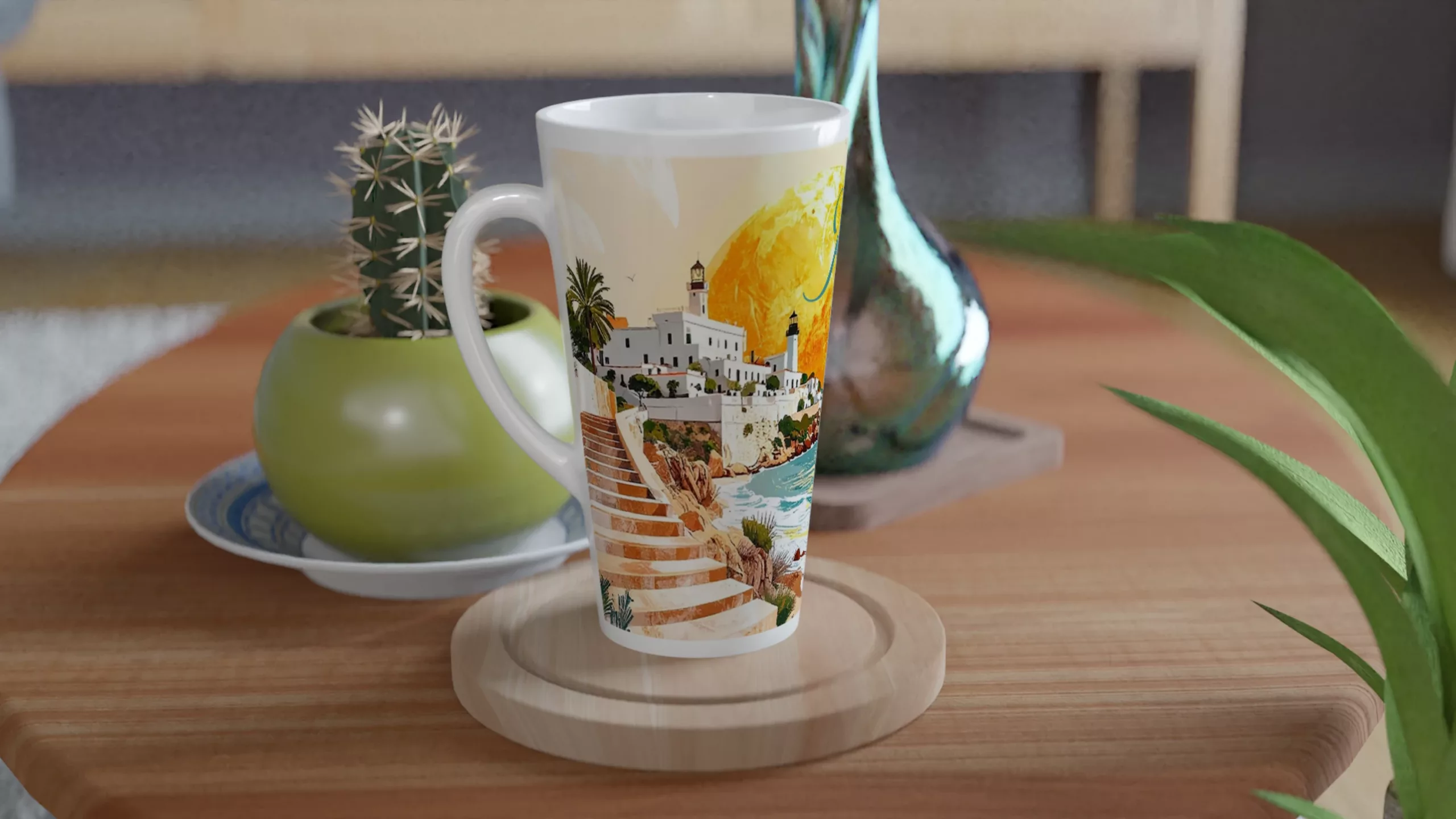 Ibiza Latte Tasse 440 ml mit stilisierter Küstenszene, Leuchtturm, weißer Architektur, türkisfarbenem Meer, großer goldener Sonne und Schriftzug Pure Vida Ibiza Ibiza Latte Tasse 440 ml mit stilisierter Küstenszene, Leuchtturm, weißer Architektur, türkisfarbenem Meer, großer goldener Sonne und Schriftzug Pure Vida Ibiza