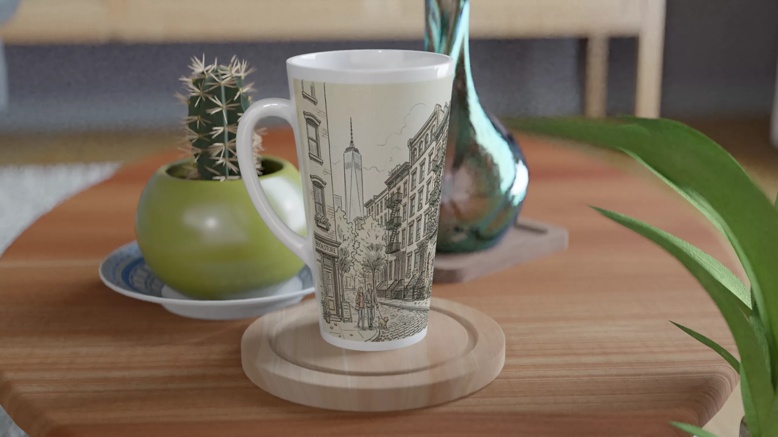 West Village Latte Tasse 440 ml mit gezeichneter New Yorker Straßenszene im ruhigen Aquarellstil West Village Latte Tasse 440 ml mit gezeichneter New Yorker Straßenszene im ruhigen Aquarellstil