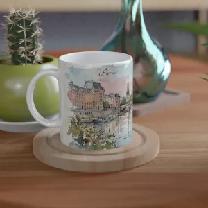 Paris Tasse 330 ml mit Seine, Brücke, Booten und Eiffelturm im feinen Aquarellstil