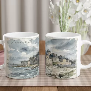 Saint-Malo Tasse 330 ml mit Stadtmauer, Atlantikküste und historischem Stadtbild im Aquarellstil