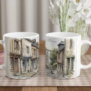 Dinan Tasse 330 ml mit historischer Altstadtgasse, Natursteinhäusern und Viaduktblick im Aquarellstil