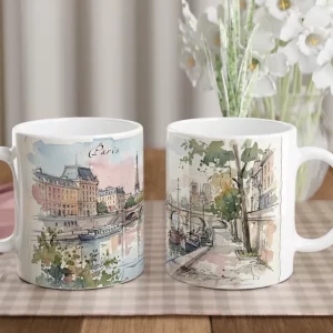 Paris Tasse 330 ml mit Seine, Brücke, Booten und Eiffelturm im feinen Aquarellstil