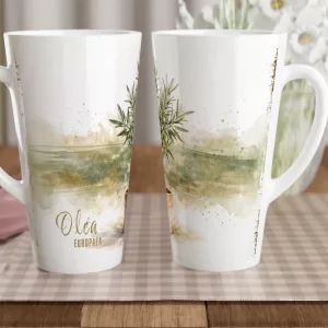 Olivenbaum Latte Tasse 440 ml mit feinen Olivenzweigen und Terrakottatopf im botanischen Aquarellstil